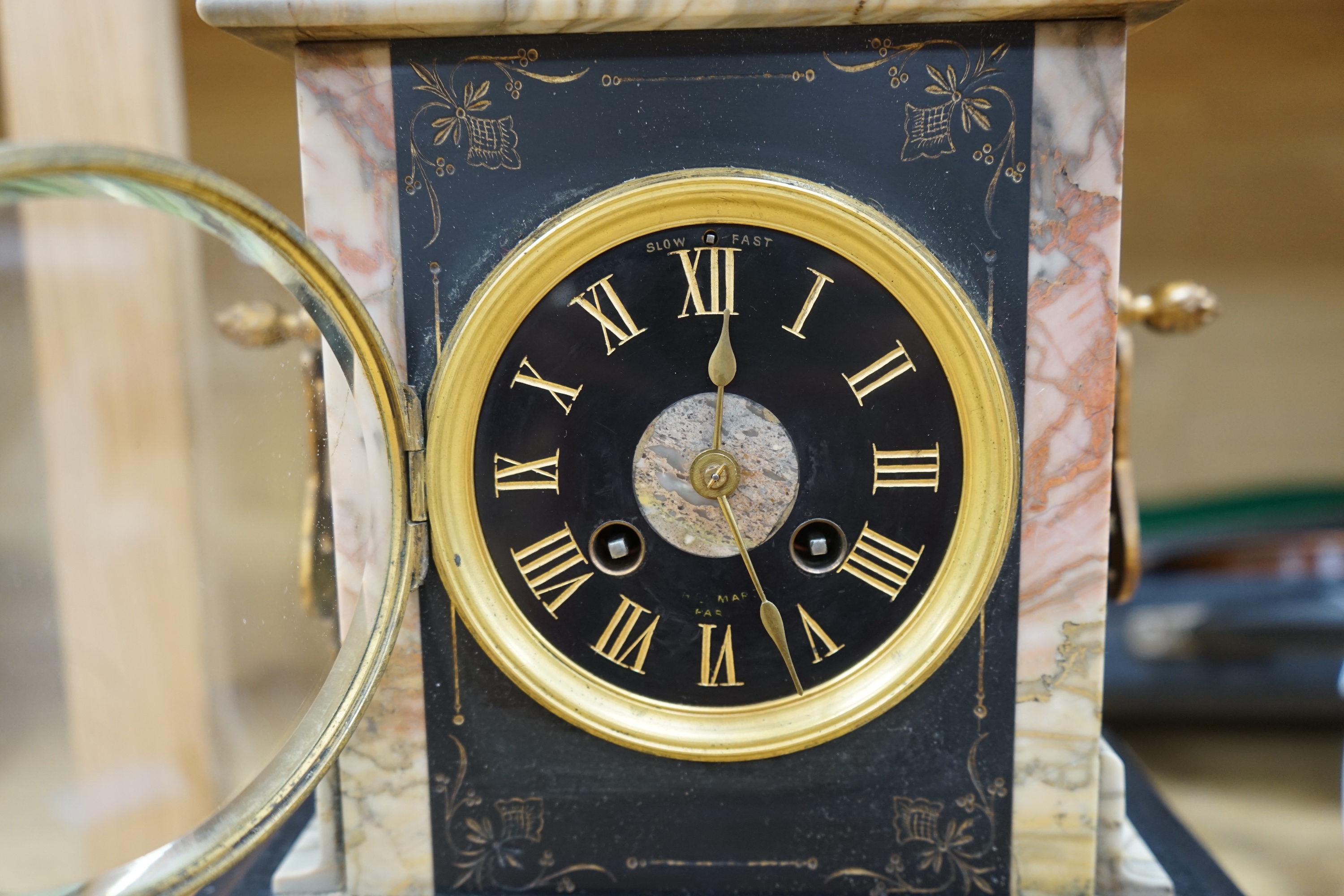 An early 20th century gilt metal and marble clock, no key or pendulum, 44cm. Condition - fair to good, not tested